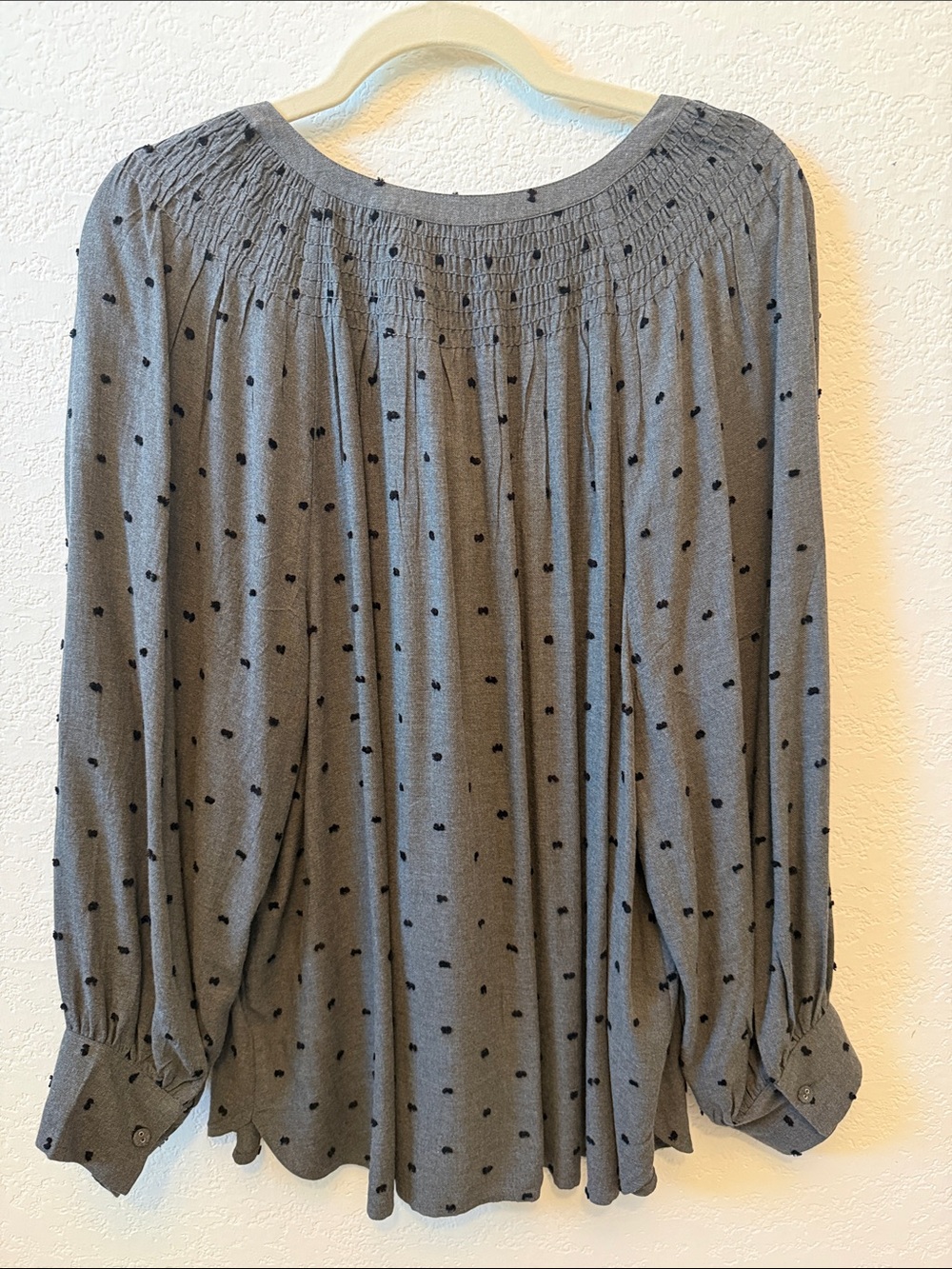 LOFT Gray Polka Dot Smocked Yoke Button-Front Blouse - Picture 2 of 5
